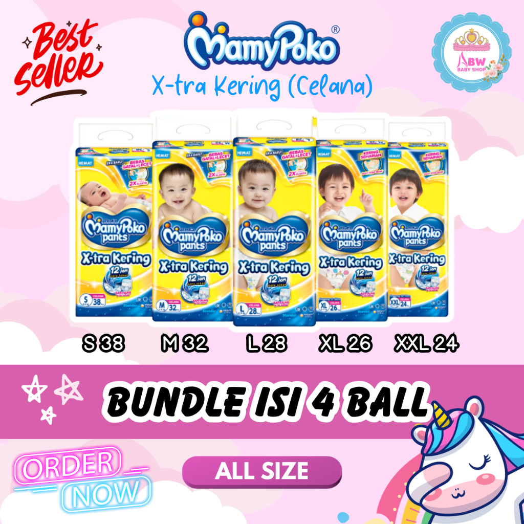 BUNDLE ISI 4 MamyPoko Pants X-tra Kering / Popok Celana All Size (S-XXL) 4 Pack Super Jumbo | ABW Ba