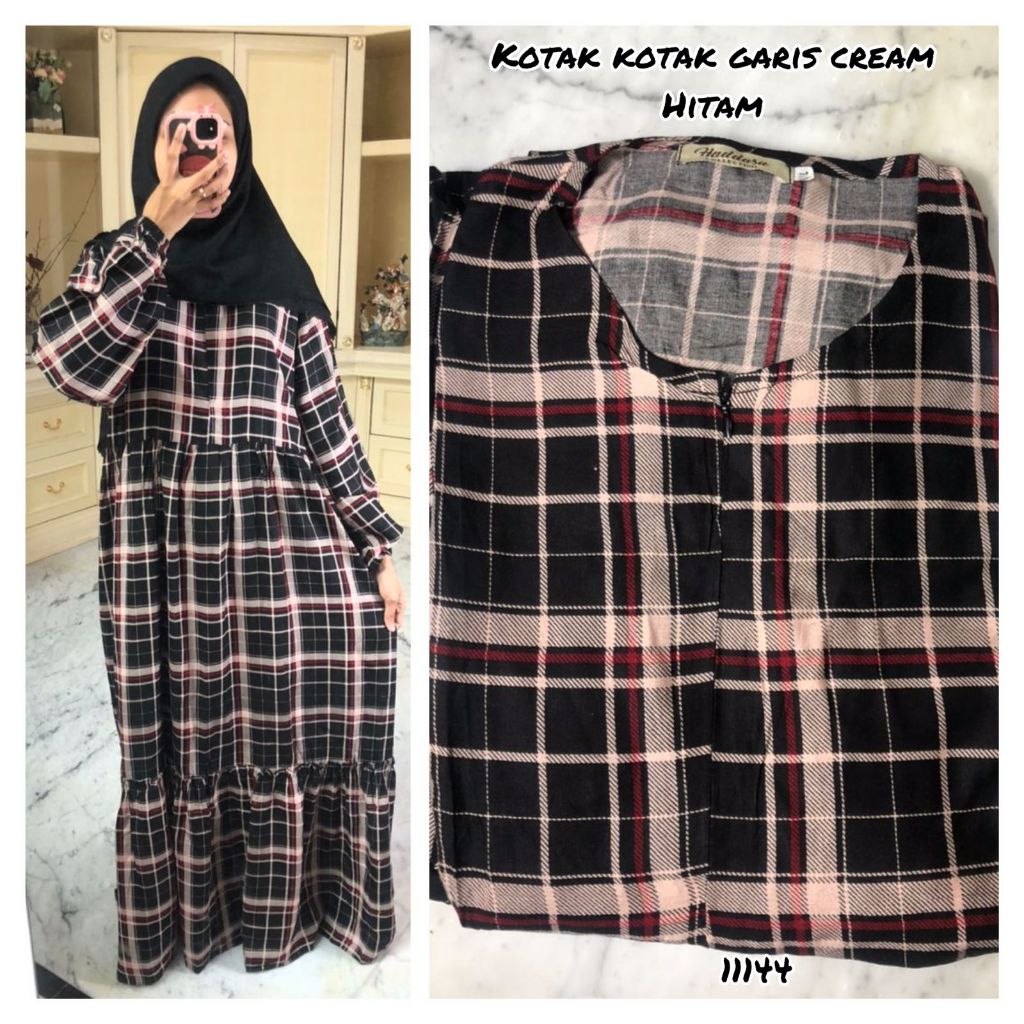 GAMIS RAYON MOTIF KOTAK KOTAK GARIS CREAM (HITAM)