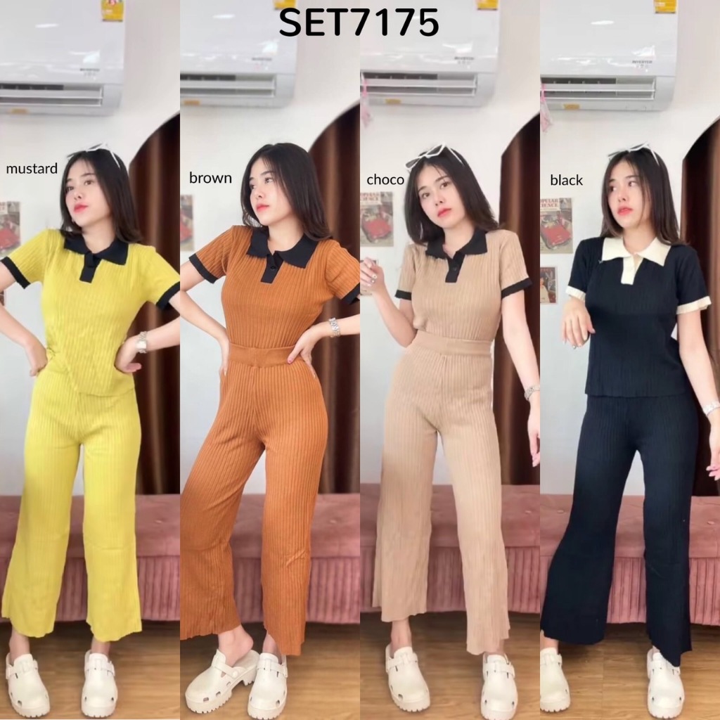 SET7175 Contrast Polo Top n Pants Knit Set