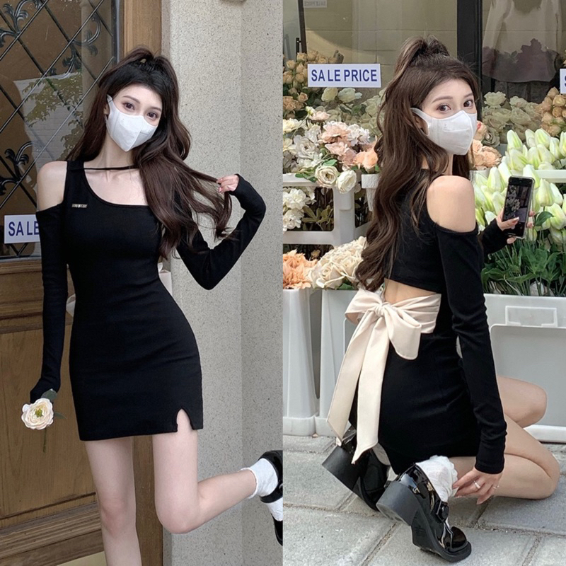 Dress Sexy Dress import Hitam French Lengan Panjang Dress Santai Dress Murah DS-332