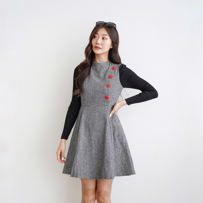 Sonnet Dress | Dress Mini Houndstooth Knit Rajut Korea Dress Hitam Kotak Natal Christmas Lengan Panj