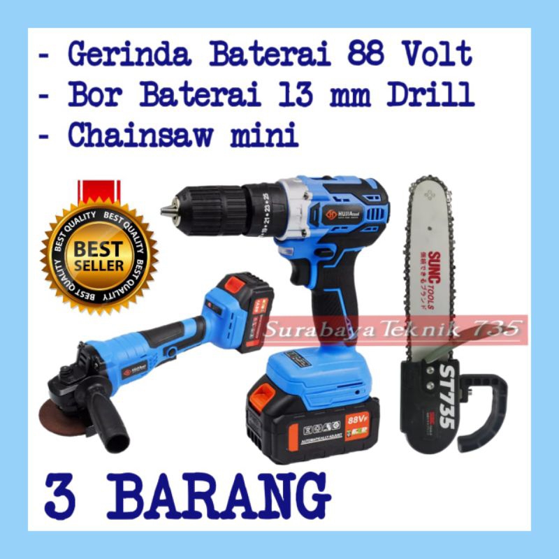 Paket komplit gerinda baterai 88 VOLT bor baterai 13 MM dan Chainsaw mini HUJIA