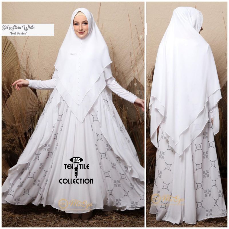 Set Gamis Dress Putih Mewah Ceruty Babydoll - Khimar - Madenia syari - Masya - [ ALICIA WHITE ]