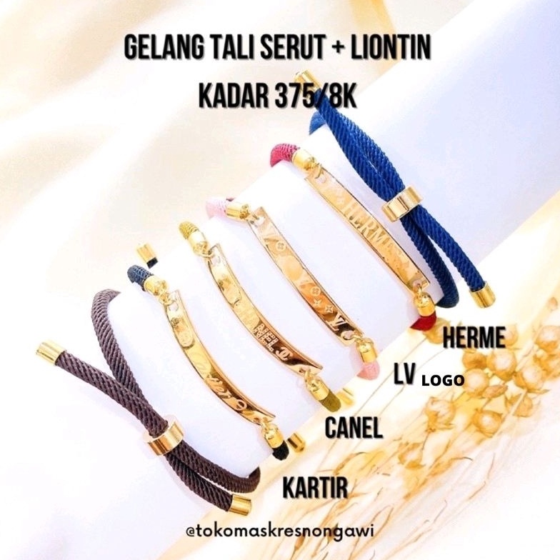 gelang tali serut + liontin plat emas kadar 375/8k ➝Diskon