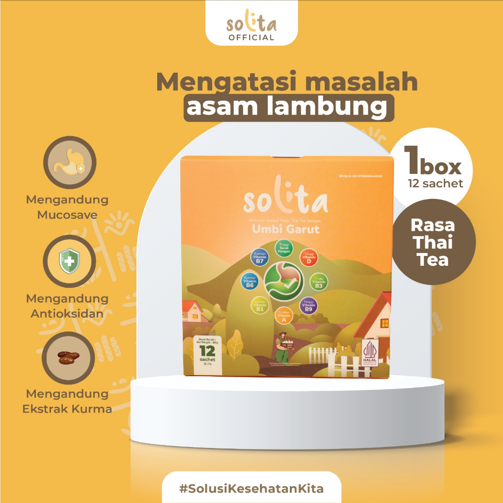 

SOLITA Minuman Serbuk Umbi Garut Rasa Thai Tea 1 Box Isi 12 Sachet Superfood Ekstrak Kurma Untuk Asam Lambung Maag Gerd