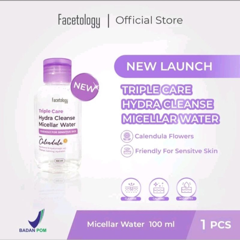 (Ready stock) Facetology Triple Care Hydra Cleanse Micellar Water 300ML &amp; 100 ML Pembersih Wajah Sensitive Skin Pembersih Make Up Tanpa Bilas