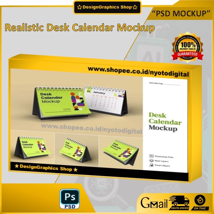 Mockup Kalender Meja Format Photoshop PSD Realistic Desk Calendar Mockup