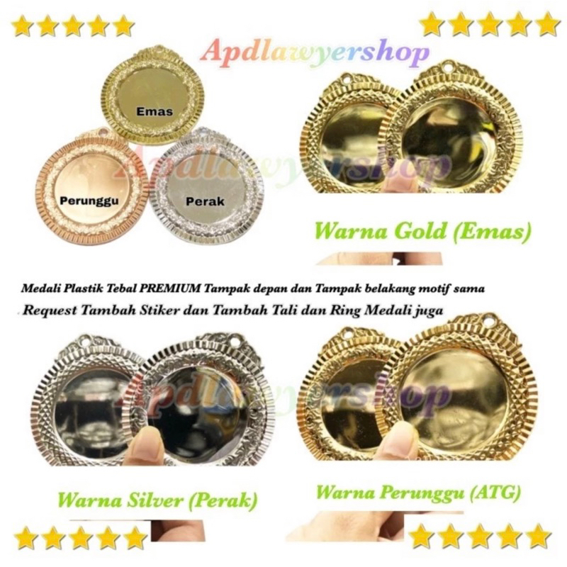 MEDALI PLASTIK EMAS PERAK PERUNGGU + STIKER + TALI MEDALI + RING