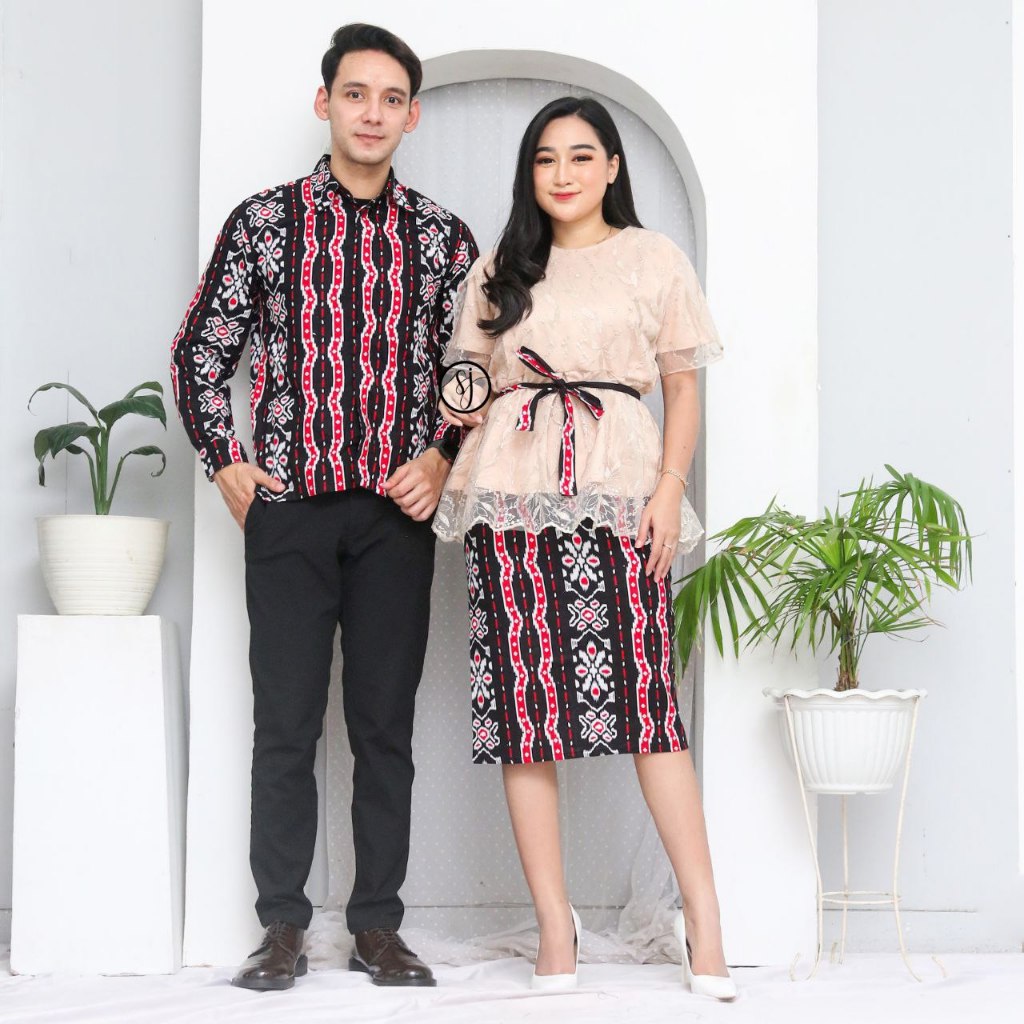 Couple Dress Ivanna | Dres Brokat Kondangan | Baju Wanita Batik Kombinasi | Kemeja Batik Pria Modern