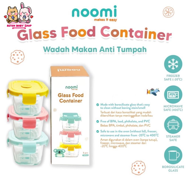 Noomi Glass Food Container 1 Set isi 3 pcs / Kotak Mpasi / Baby Glass Container