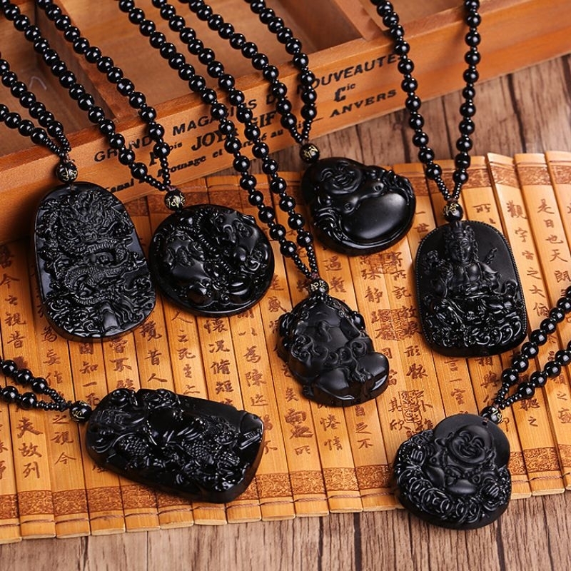 Kalung Batu Pendant Obsidia Buddha Naga/Kalung  Pixiu Guan yin Black Obsidia Beruntung dan Keberania