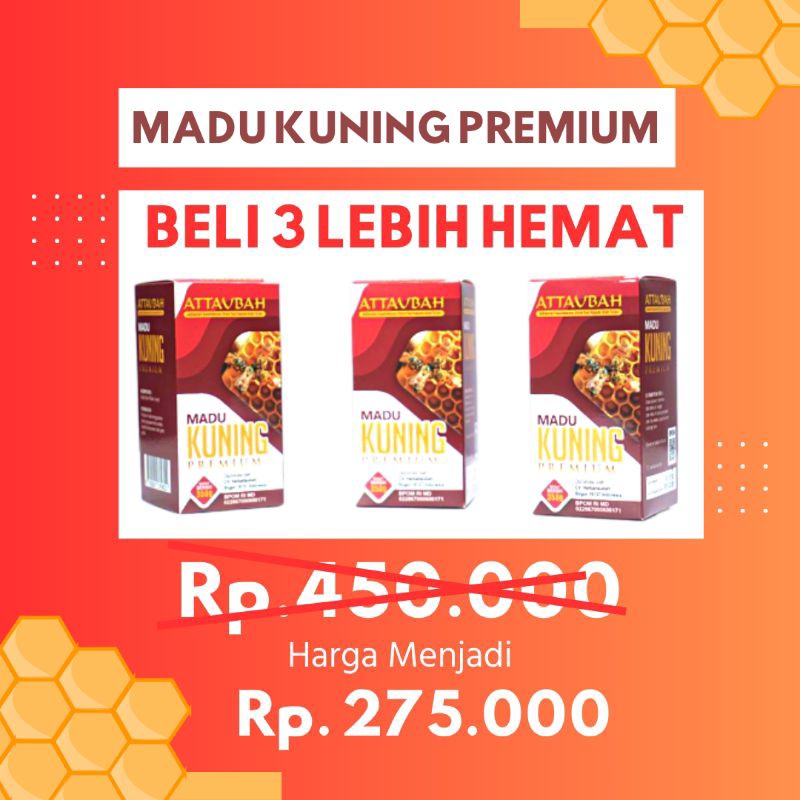 Beli 3 Lebih Hemat - Madu Kuning Premium attaubah asli berat 350gr halal, thayyib dan berkhasiat