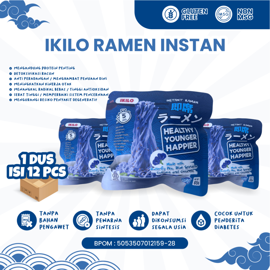 

IKILO Instan Ramen spirulina 1 Dus Isi 12 Pc Ramen Sehat Mudah Praktis Non MSG Gluteen Free BPOM Halal