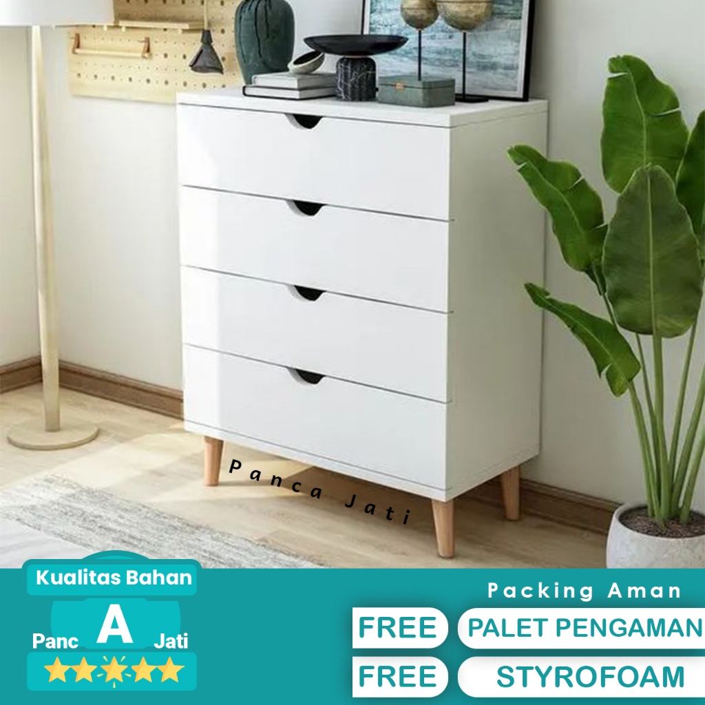 Drawer Pakaian Nakas Minimalis 4 Laci Warna Putih Kaki Kayu
