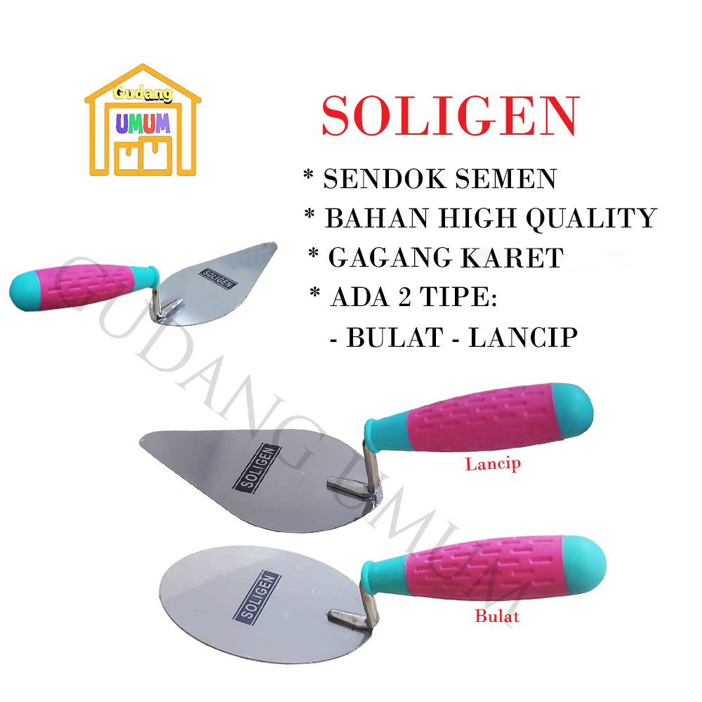 Sendok Semen Tebal Bulat - Lancip 6” - 7” Cetok Soligen Gagang Karet