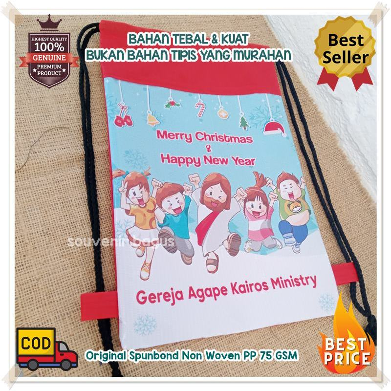 

Tas Natal anak gendong custom serut stringbag souvenir sekolah minggu nama gereja hampers christmas