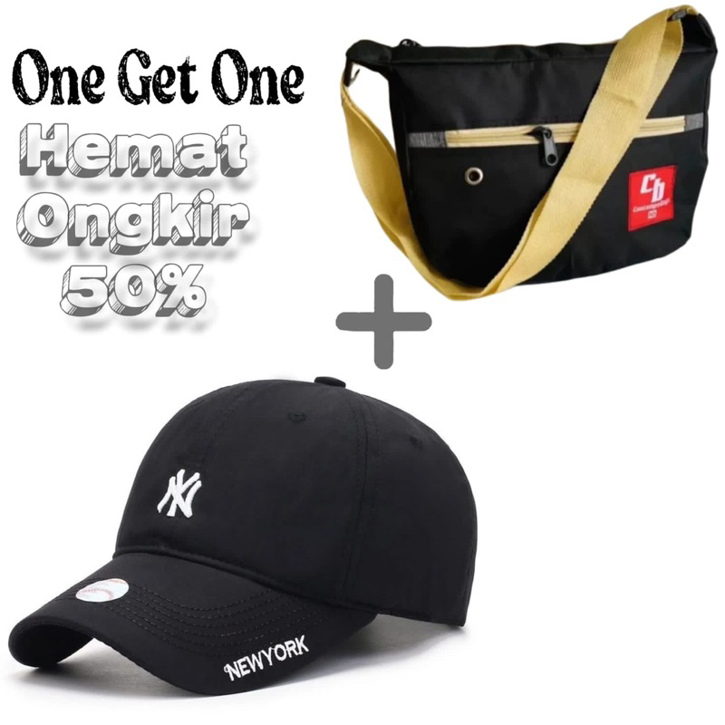 GRATIS TOPI BASEBALL PRIA DISTRO CAP NY POLOS HITAM  - TAS SELEMPANG PRIA ORIGINAL WARNA HITAM POLOS