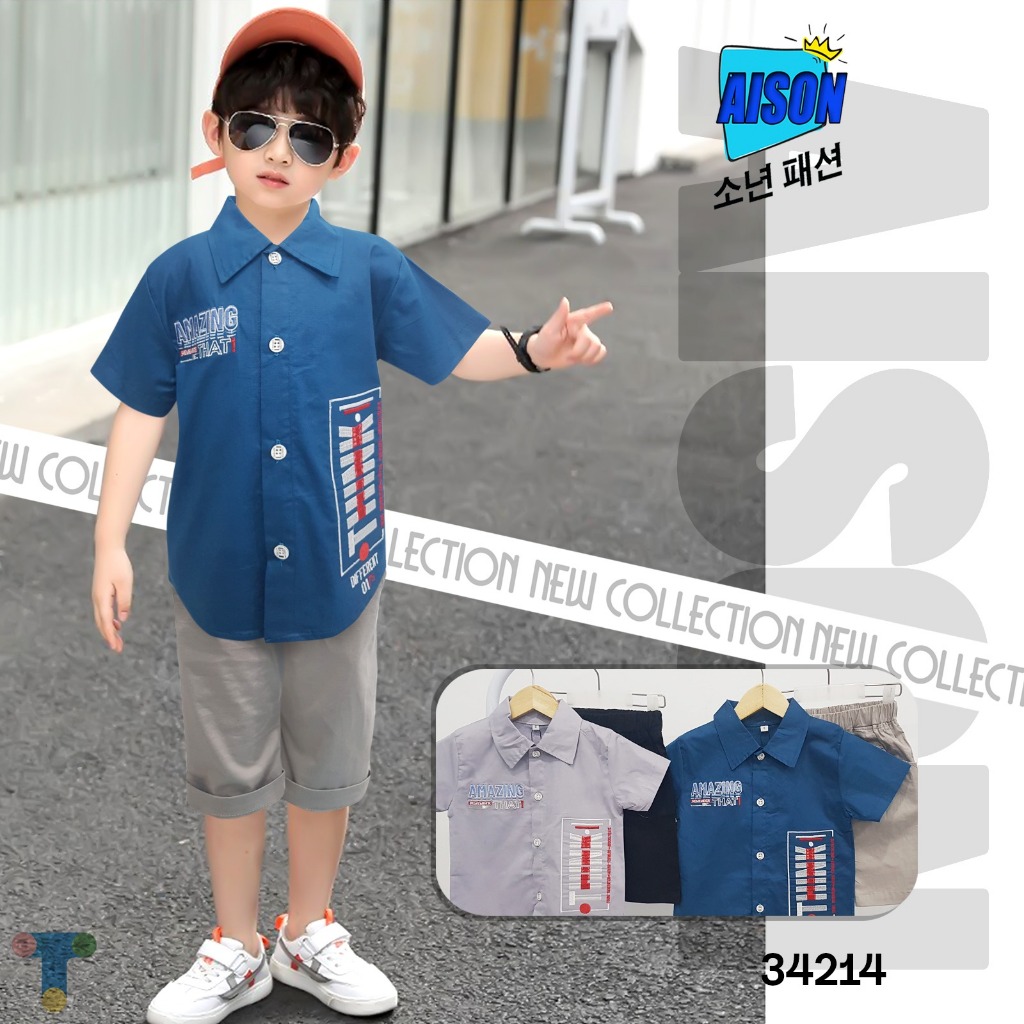 HEM ANAK LAKI-LAKI / SETELAN KEMEJA ANAK COWOK 1-3 TH AISON POLOS BORDIR