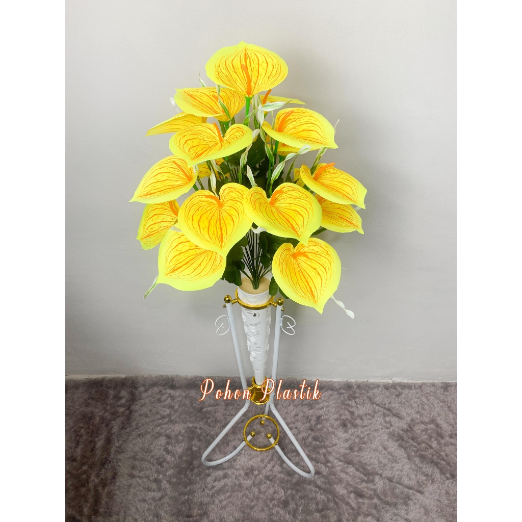 bunga aron panda 18 kuntum artificial satu set dengan pot standing corong - hiasan sudut rumah minim