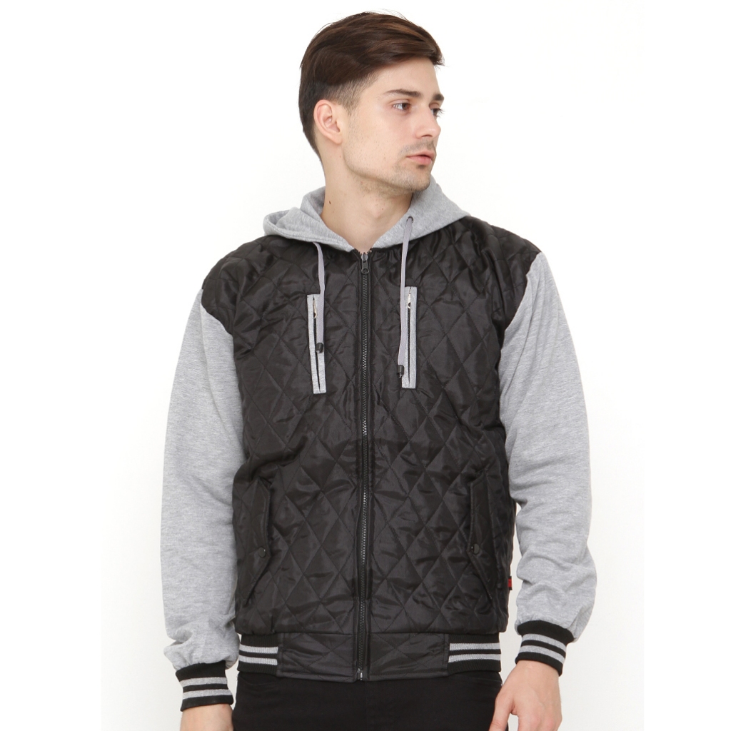 JAVA SEVEN Jacket distro pria dengan penutup kepala hoodie / Parasut Fleece Hitam kombinasi MOY 821