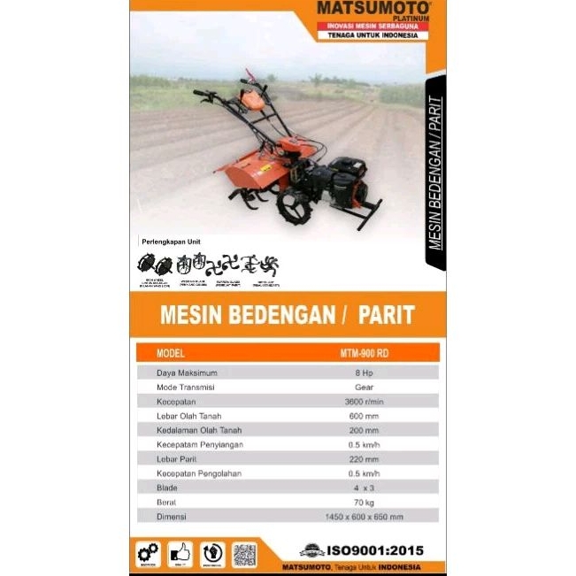 Mesin Bedengan Cultivator Tiller Matsumoto Type MTM 900 RD Original