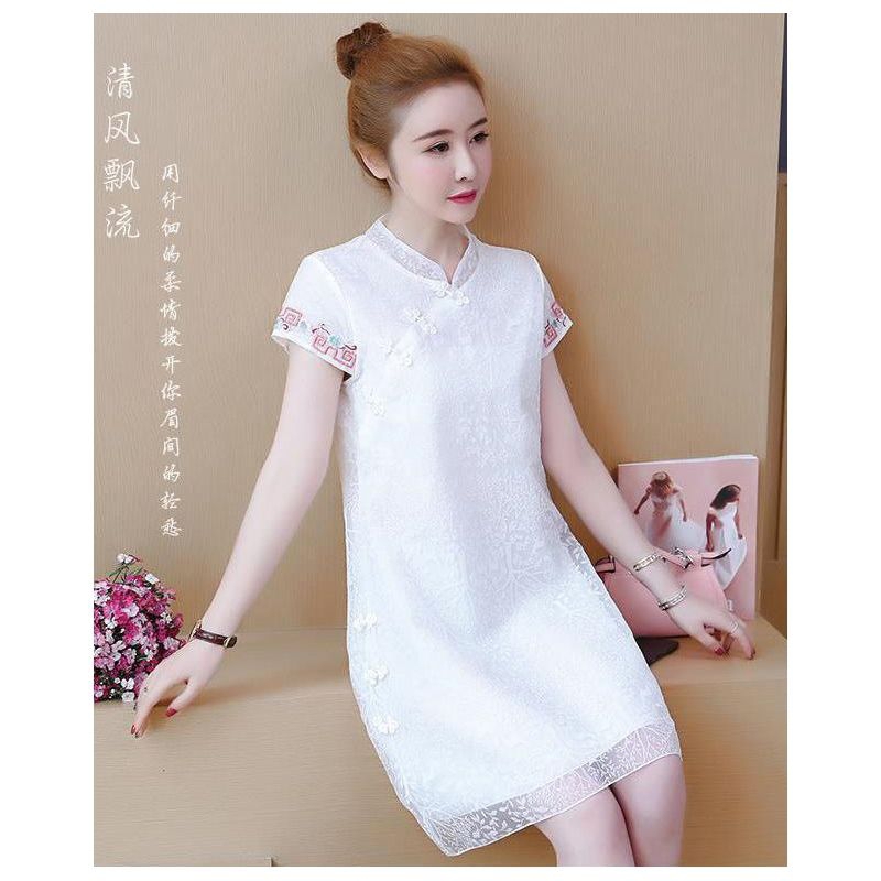 Cheongsam dress wanita putih model cantik Korea lengan pendek elegant