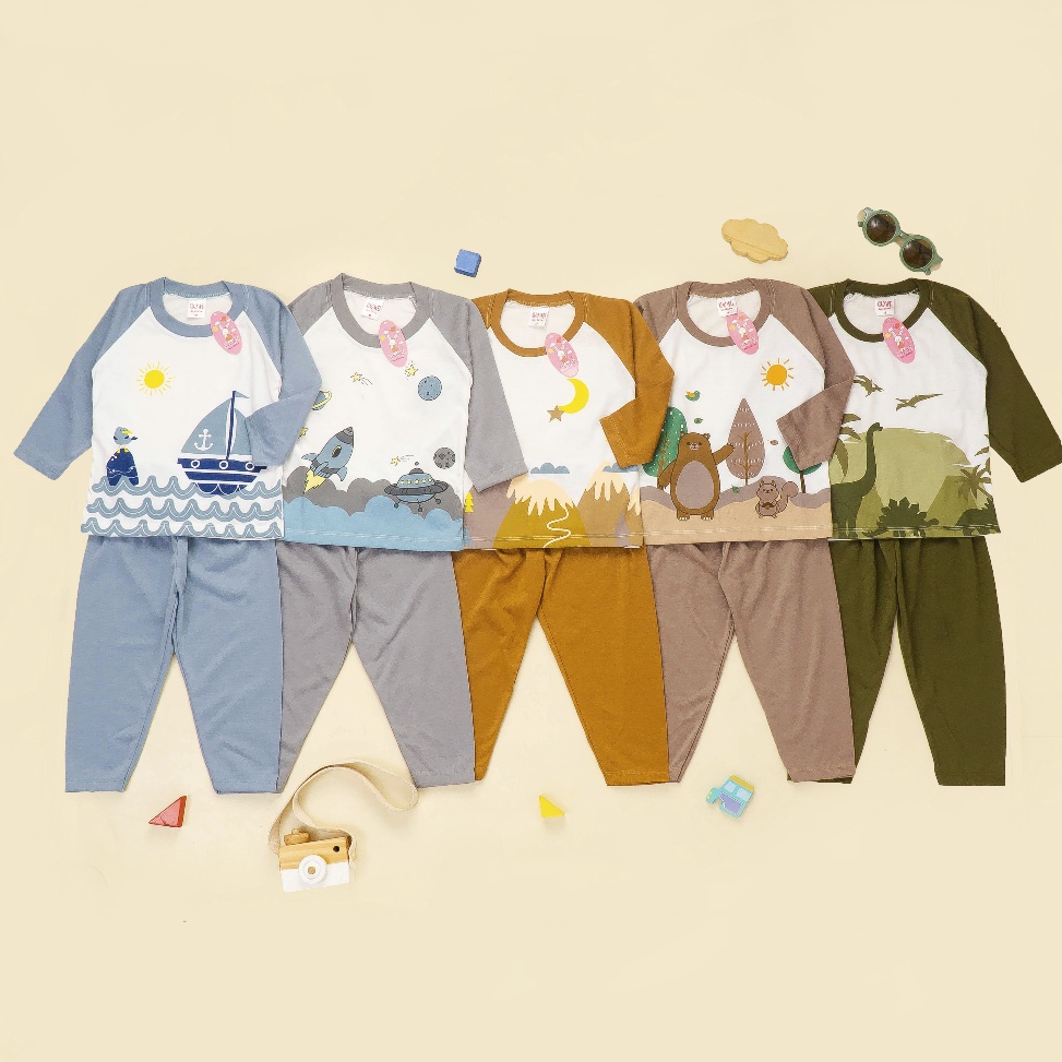 HBFP1510 GROSIR Setelan Anak & Bayi Laki Laki Raglan Tale Story Panjang Earthtone Series/ Baju Anak 