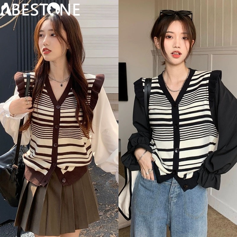 Atasan rajutan lengan panjang wanita ala Korea sweter rajutan bergaris antik sweter rajutan lengan l