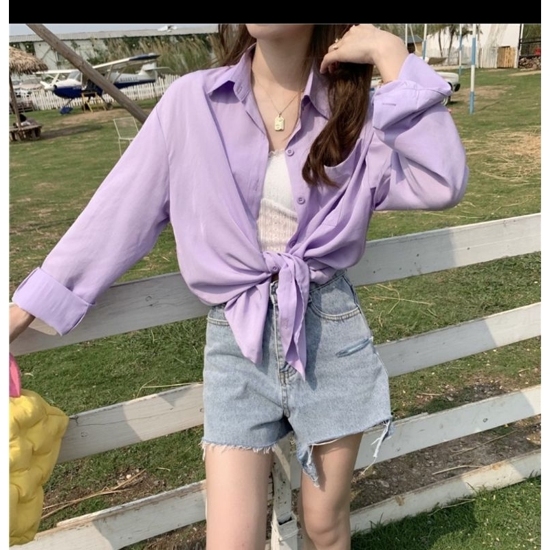 KEMEJA LENGAN PANJANG OUTER KEMEJA BAHAN BUAGUS FLOWY HANYA WRN ungu outer kemeja ungu outer ungu