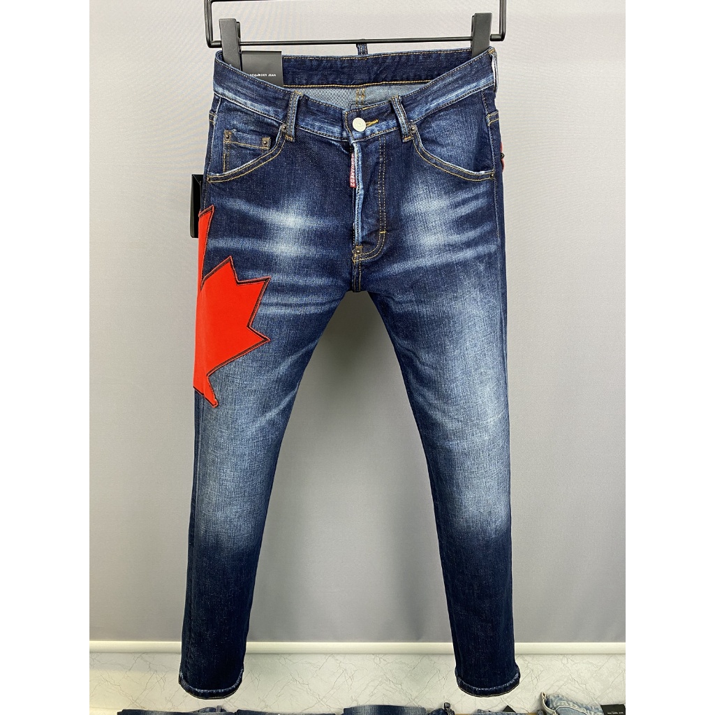 Jeans DSQUARED2 Asli Celana Denim Serbaguna Personal Applique Pola Huruf Daun Maple Pria Biru Celana