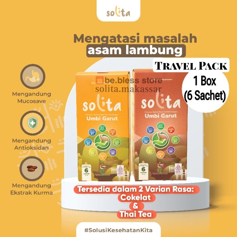 

PROMO Solita 1 box isi 6 sachet (Travel Pack) Rasa Cokelat dan Thai Tea Minuman Serbuk Umbi Garut Asam Lambung Maag
