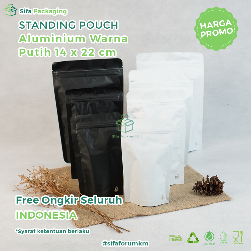 Standing Pouch 14x22 Foil Ziplock Non Window White Plastik Klip Full Alumunium Warna Kemasan Makanan