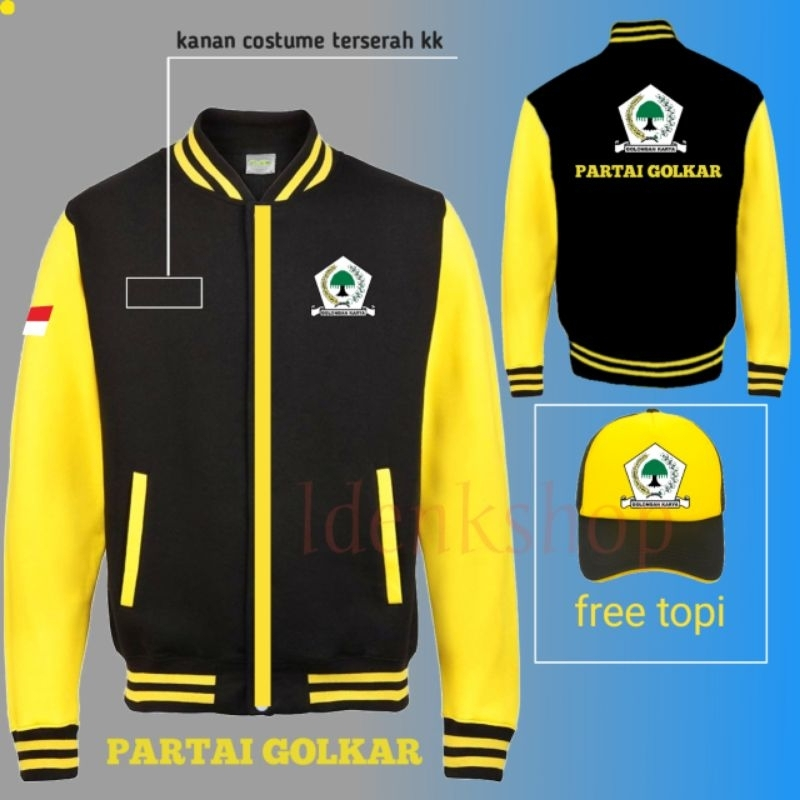 JAKET VARSITY GOLKAR  TERBARU FREE TOPI - JAKET GOLKAR PREMIUM GRATIS TOPI - JAKET GOLKAR