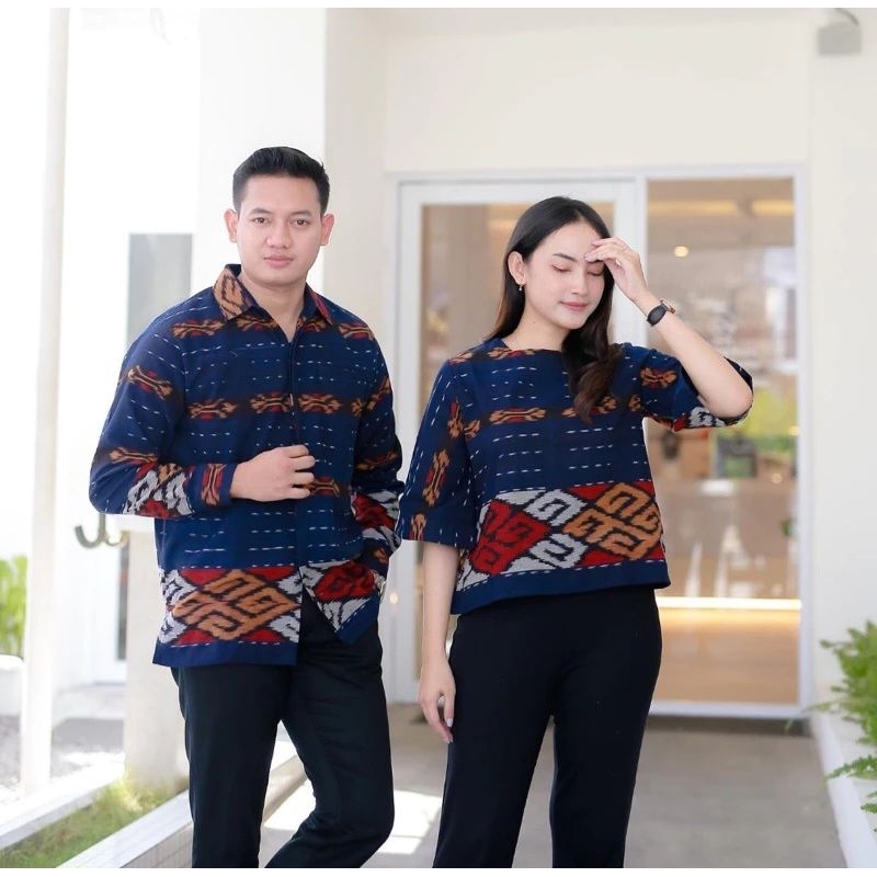 Baju tenun pesta kerja kantor couple set kemeja pria dan baju wanita warna biru tenun jepara toraja 