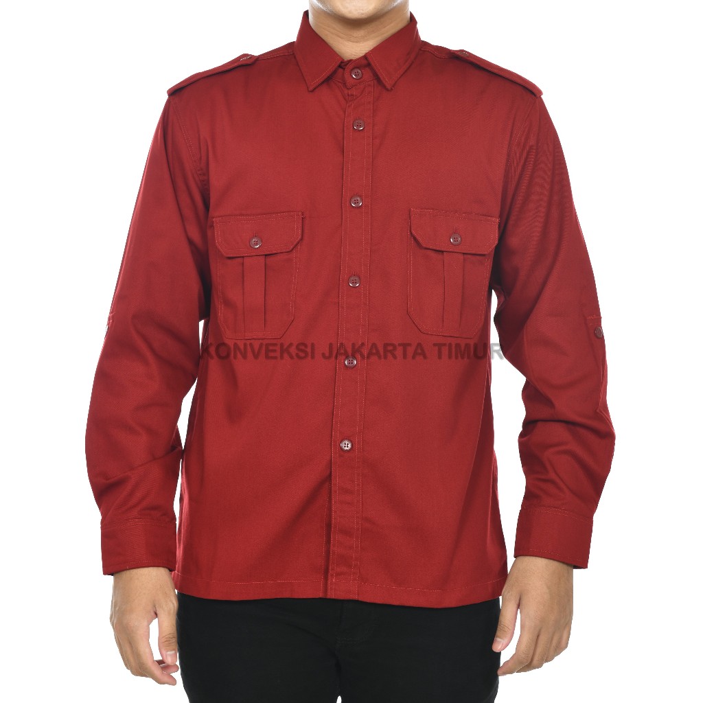 Baju Kemeja PDL Lengan Panjang Pria Wanita Warna Maroon - Seragam Pakaian Kerja Dinas Lapangan Outdo