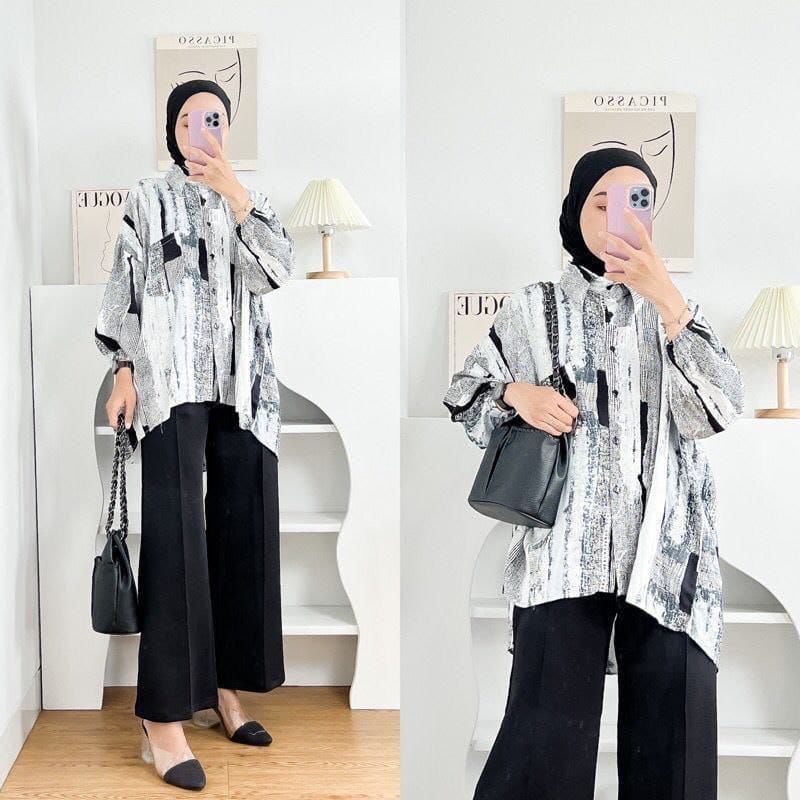 Kemeja Rayon Wanita Oversize Motif Vintage Abstrak Rayon Viscose