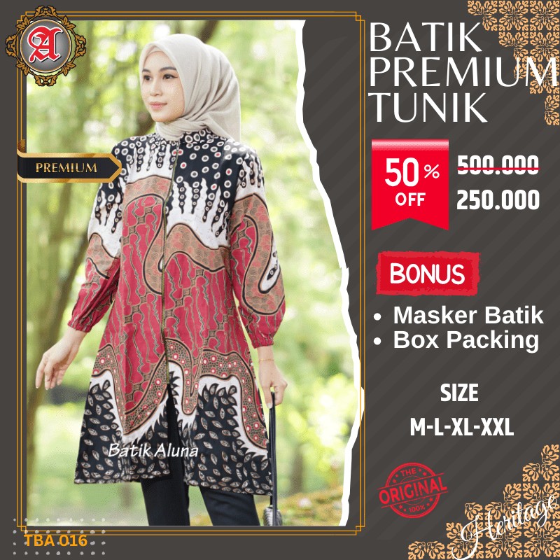 Batik Wanita Dewasa Lengan Panjang Dress Atasan Tunik Baju Batik Cewek Premium Modern Mewah Model Elegan Batik Aluna Solo TBA 016