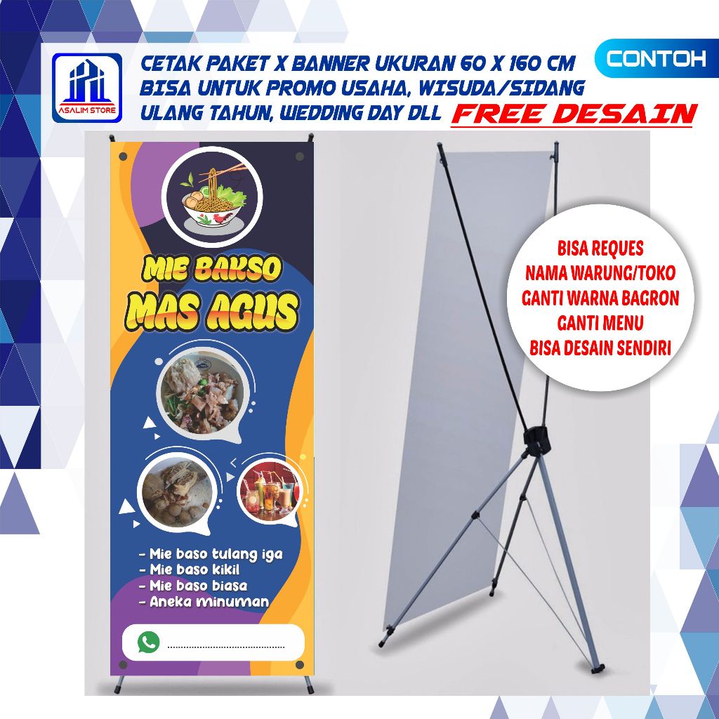 Spanduk Bakso 60x160 cm Banner Baso Standing X Benner Backdrop  Promosi Custom FREE DESAIN