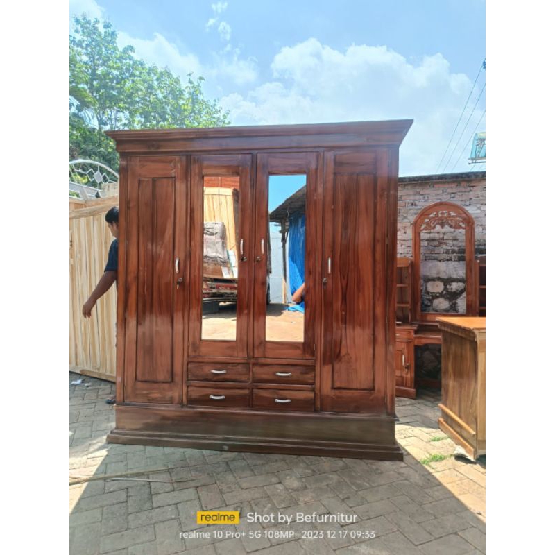 (PROMO) lemari pakaian minimalis kayu jati / lemari baju 4 pintu kayu jati termurah