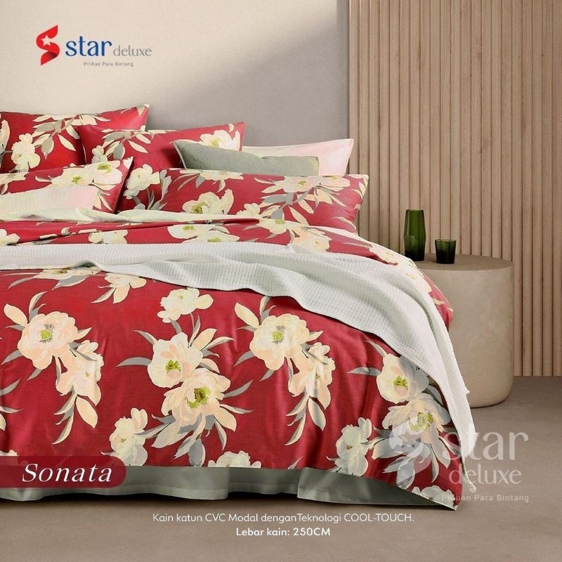 Sprei 180x200 Sprei karet katun cvc original Grade 1 merk Star Deluxe motif Sonata Merah