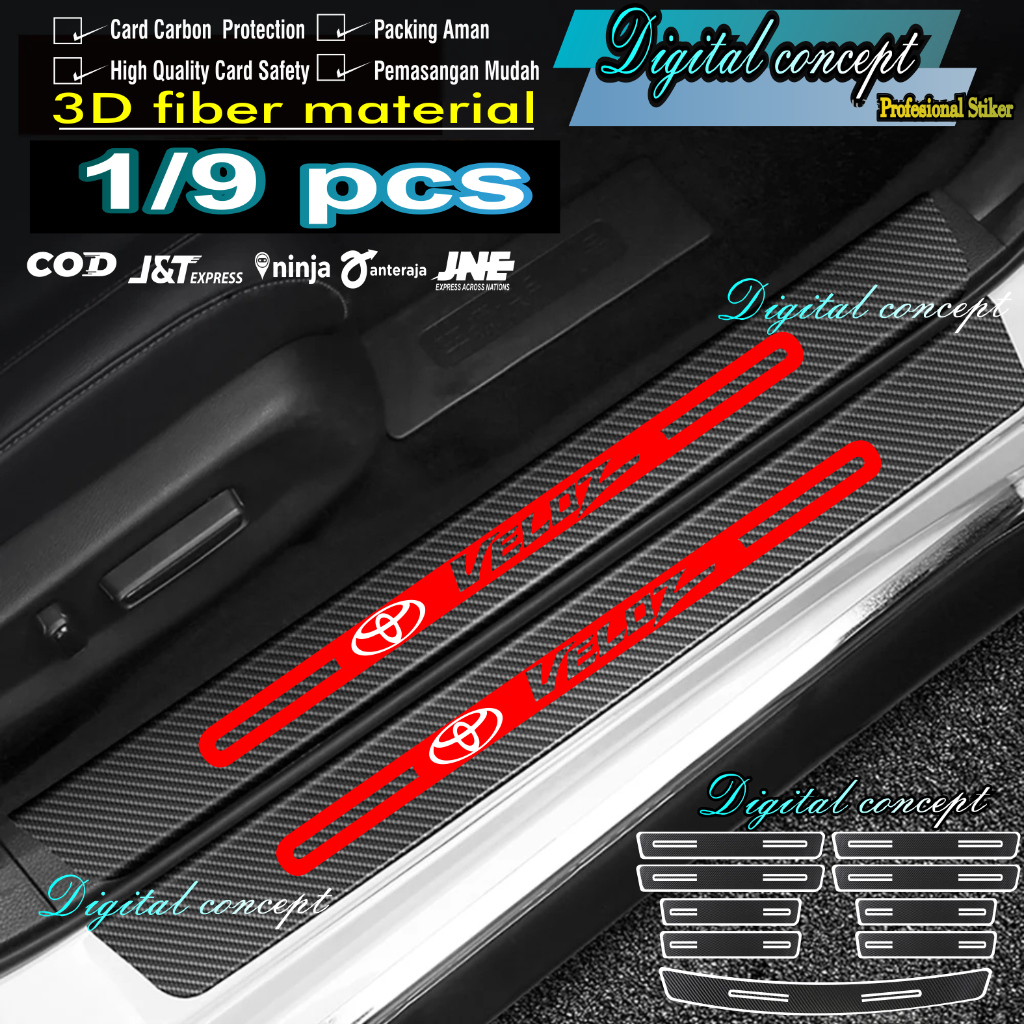 9PCS STICKER KARBON MOBIL VELOZ STICKER KARBON 3D PIJAKAN KAKI MOBIL TOYOTA VELOZ