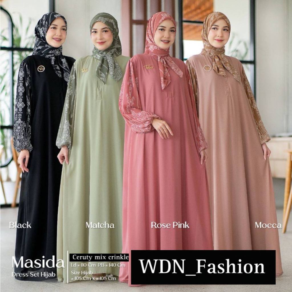 MASIDA DRESS SET HIJAB BAHAN CRINKLE AIRFLOW MOTIF / DRESS GAMIS SET HIJAB MOTIF ETNIC KOMBINASI CRI