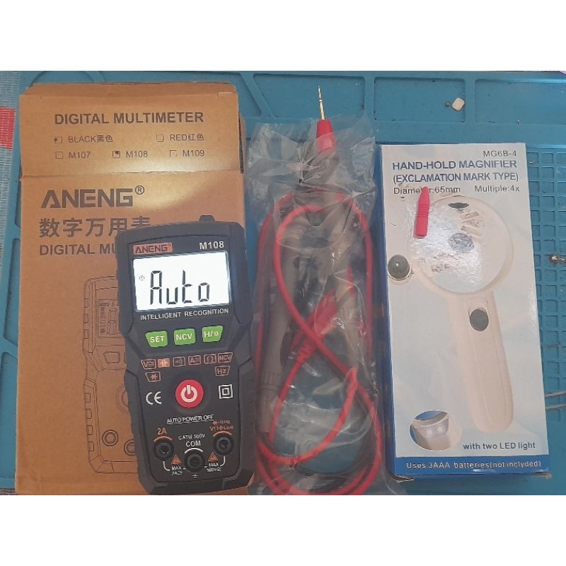 Avometer Multitester Multimeter Aneng M-108 + Kabel Probe Jarum Lancip + Kaca Pembesar Led Second Be