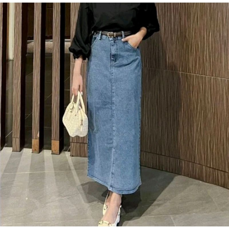 Rok Jeans Span Panjang, Rok Span Jeans Belah Belakang, Rok Jeans Karet Belakang Termurah