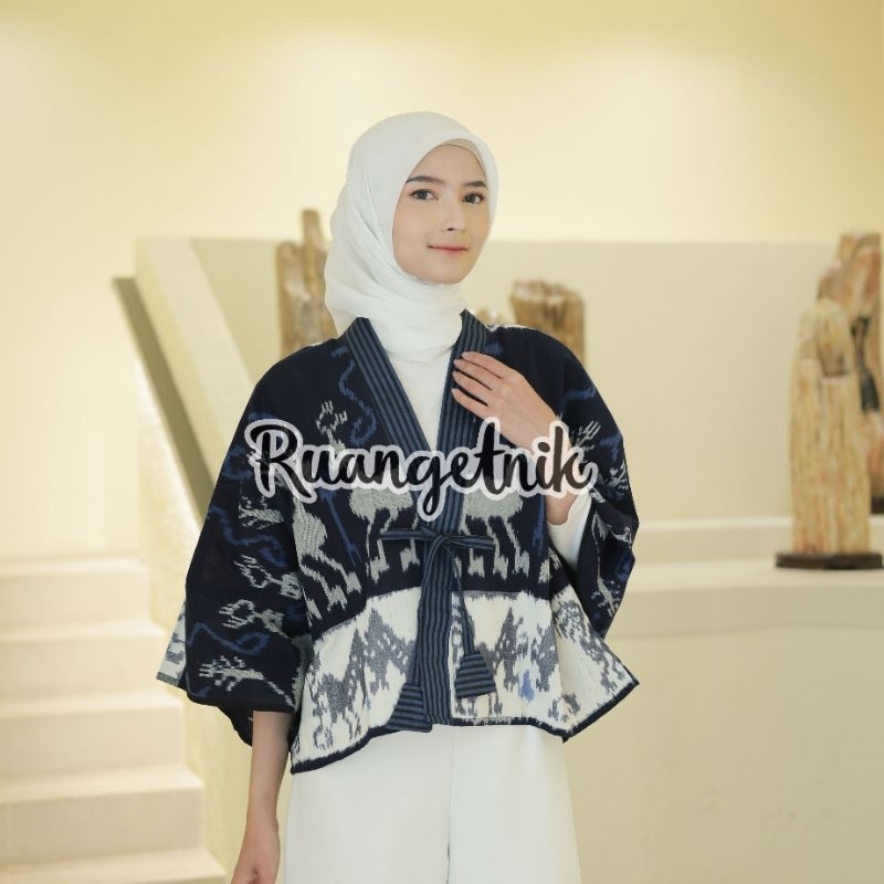 (RUANG ETHNIC) KIMONO OUTER MOTIF SUMBA NAVY - OUTER TENUN - ATASAN WANITA - OUTERWEAR - CARDY WANIT
