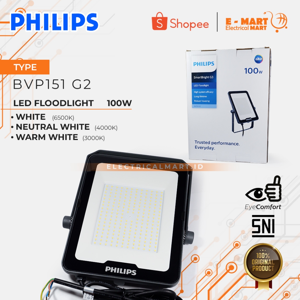 Philips Lampu Sorot 100 Watt LED Flood light BVP151 PENGGANTI BVP174 100W Putih Kuning