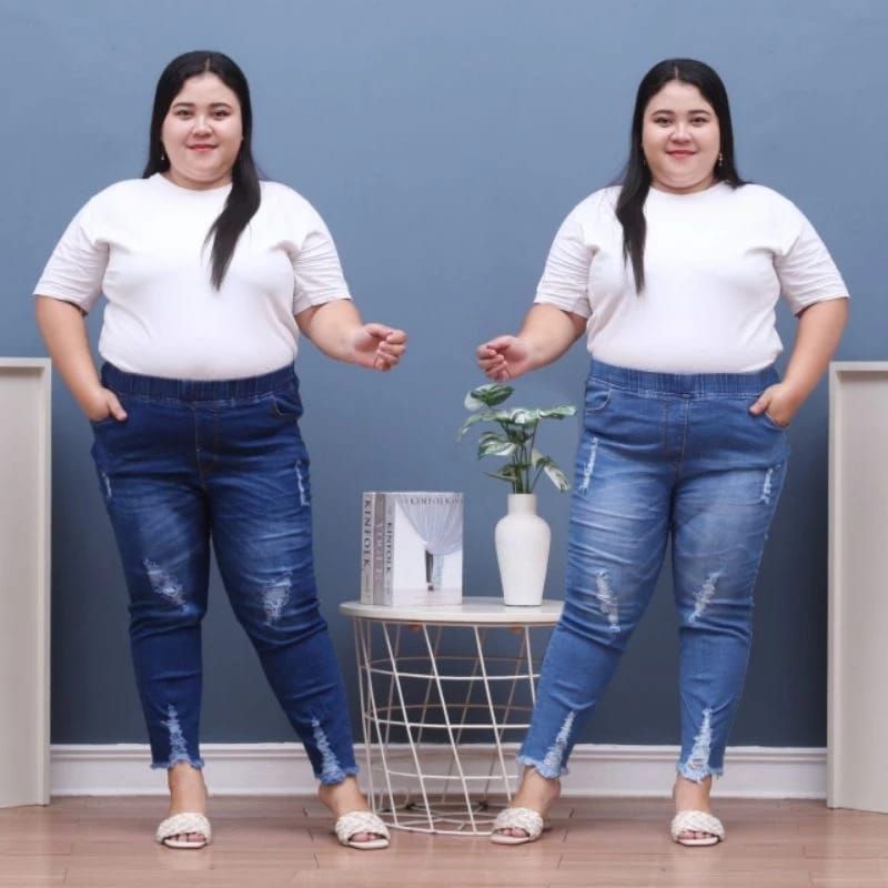 Celana Jeans Wanita Jumbo Sobek/Celana Pinggang Karet Street/Jeans Ripped Terbaru