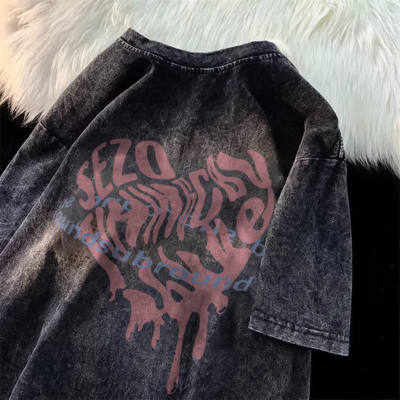 KOIKOO Washed T Shirt Oversize Lengan Pendek Kaos Retro Love Letters Print | Baju Kaos Wanite Oversi