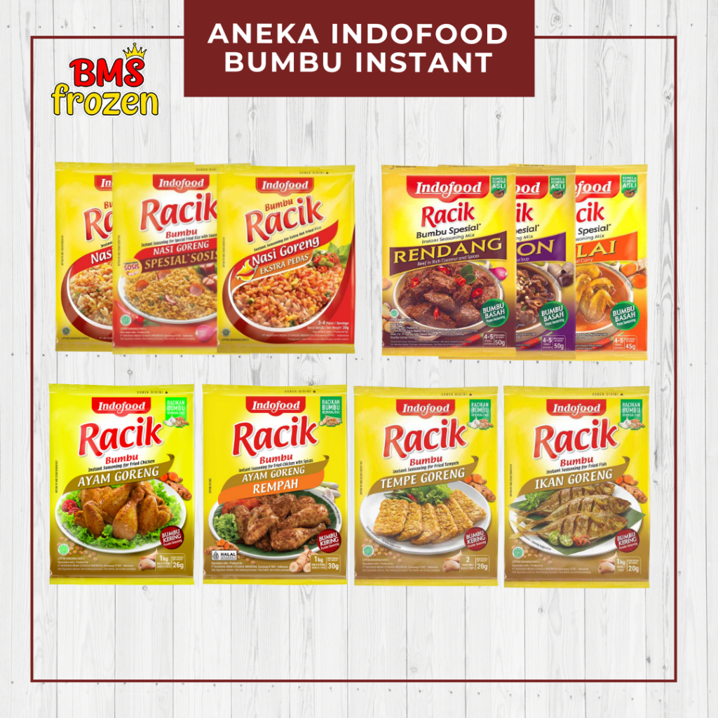 

BMS Frozen Mart | Indofood Bumbu Racik Nasi Goreng - Ayam Goreng - Tempe Goreng - Bumbu Gulai Rendang - Racik Sayur Asem