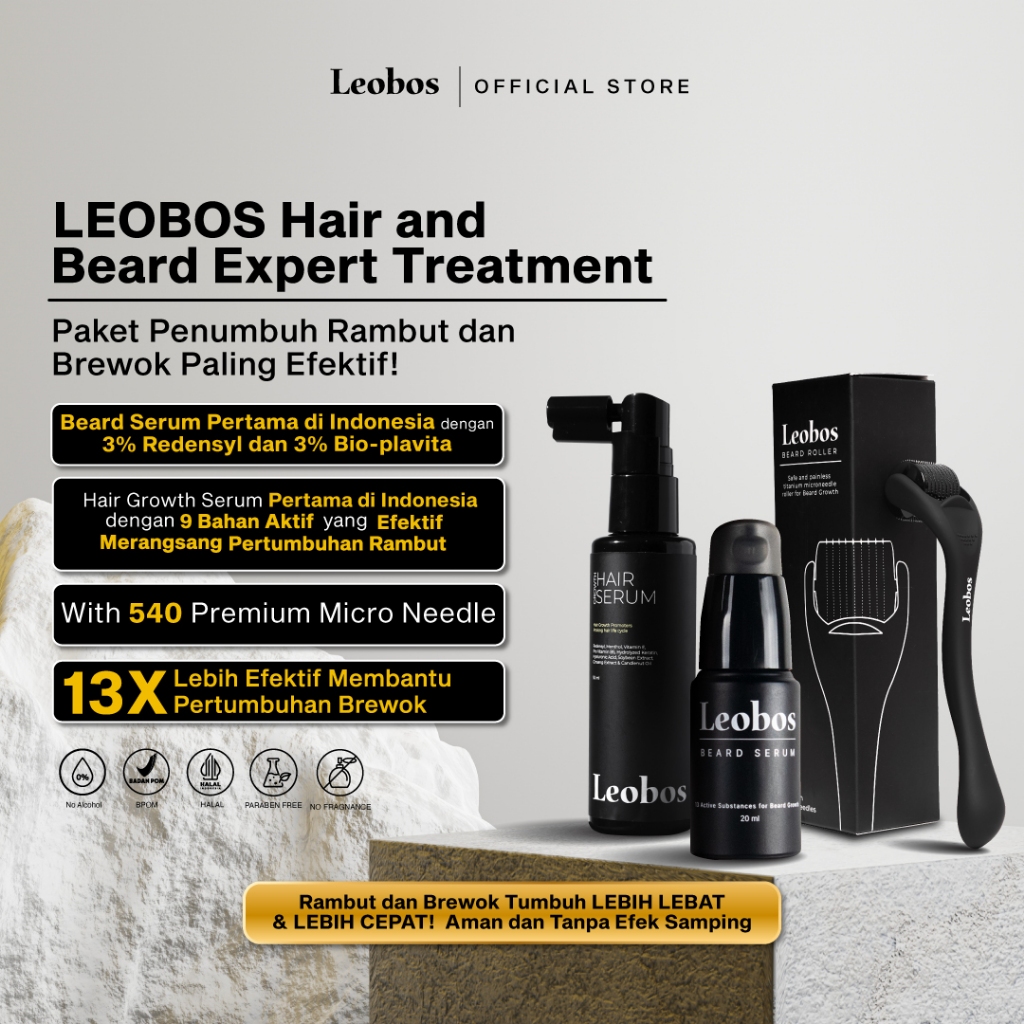 LEOBOS Hair and Beard Expert Treatment | Paket Penumbuh Rambut dan Brewok Yang Efektif | Roller Penu
